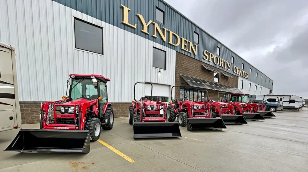 Mahindra tractors lined up outside Lynden Sports Center in 2022